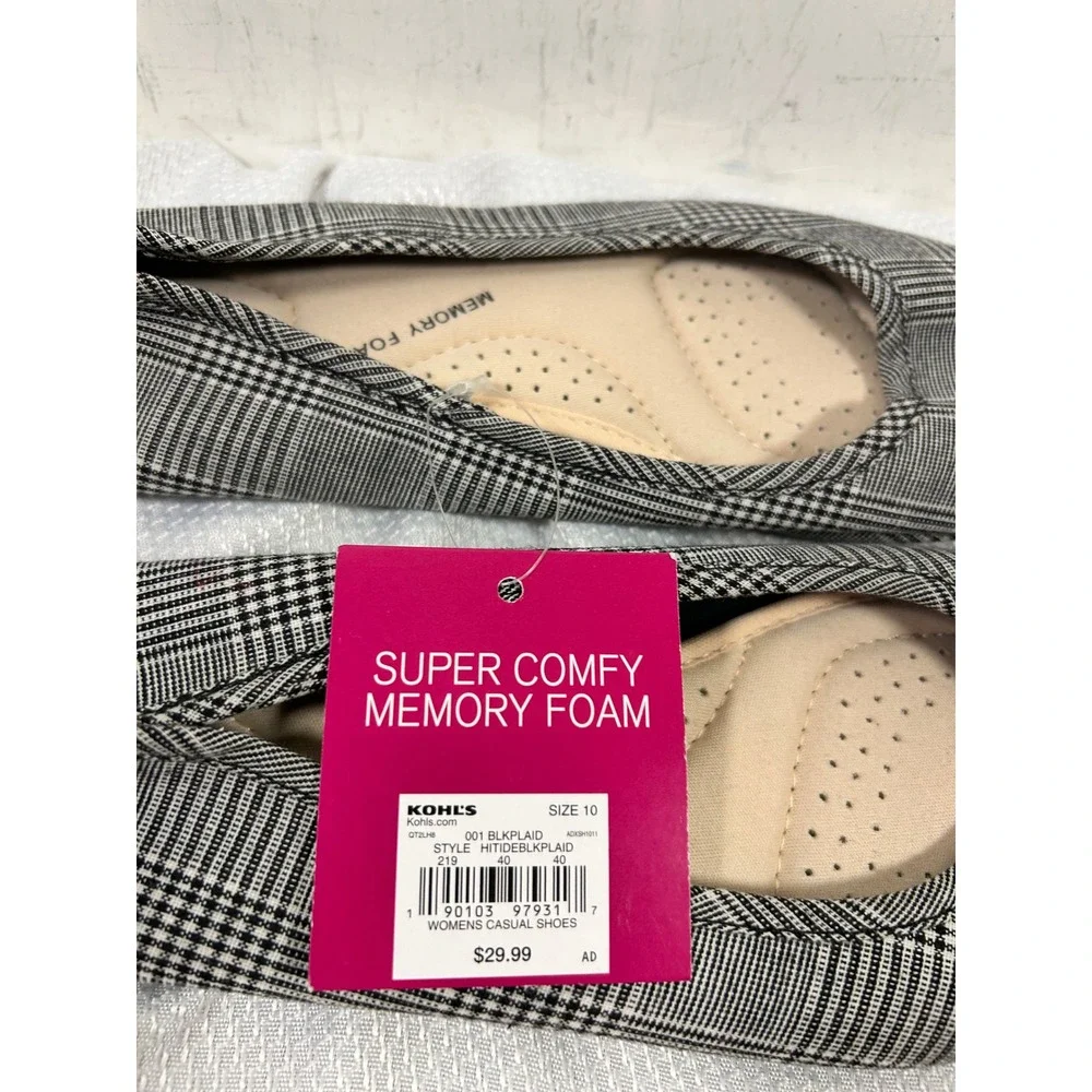 SO Glen Plaid Ballet Flats Size 10 Black White Pointed Toe Memory Foam Womens